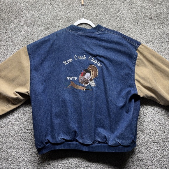 Vintage Turkey Hunting NWTF Three Rivers Denim Mens XL Bomber Jacket Made In USA